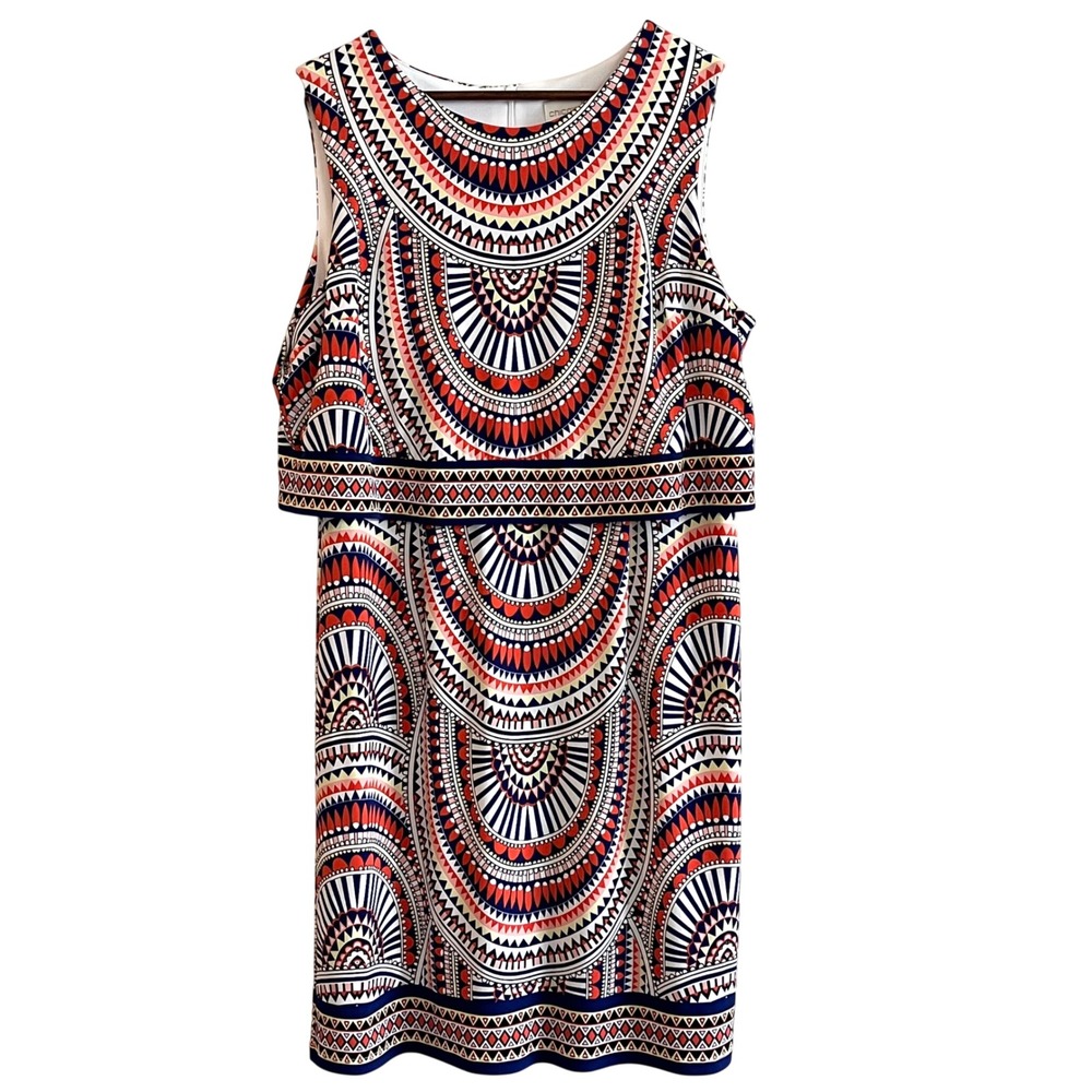 Chicos Geometric Tribal Print Popover Shift Dress Navy Orange Sleeveless Size 2